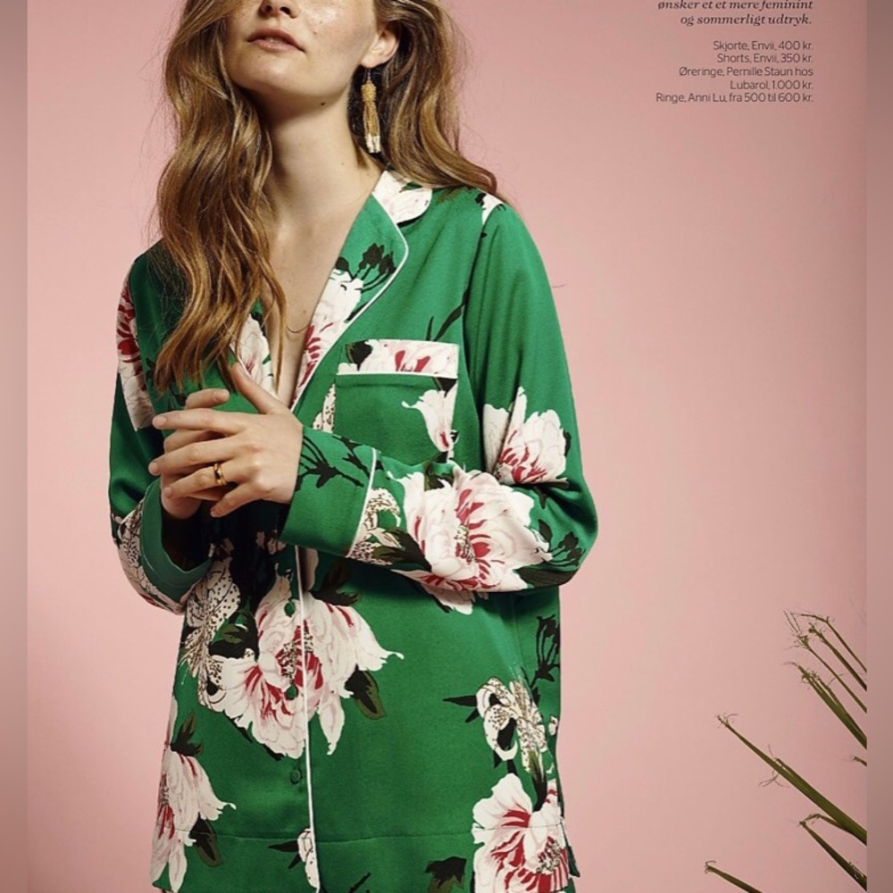 Envii button down, size M. Vibrant green with pink flowers.